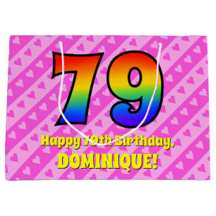 79th Birthday: Pink Stripes & Hearts, Rainbow # 79 Large Gift Bag
