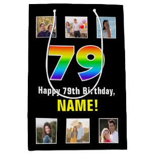 79th Birthday: Rainbow “79“, Custom Photos & Name Medium Gift Bag