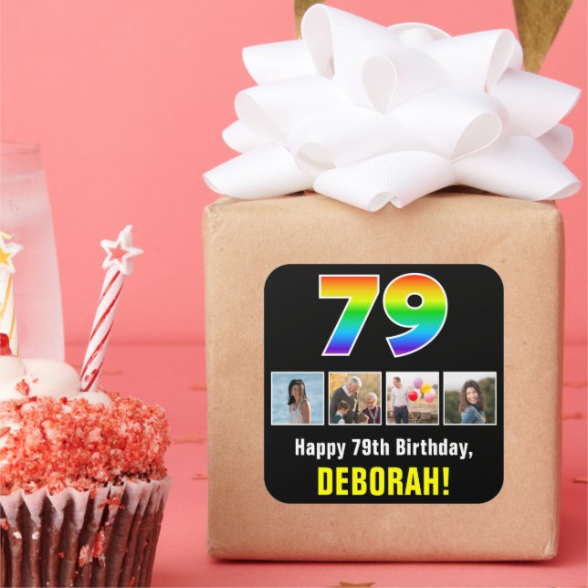 79th Birthday: Rainbow “79”; Custom Photos & Name Square Sticker (Party)