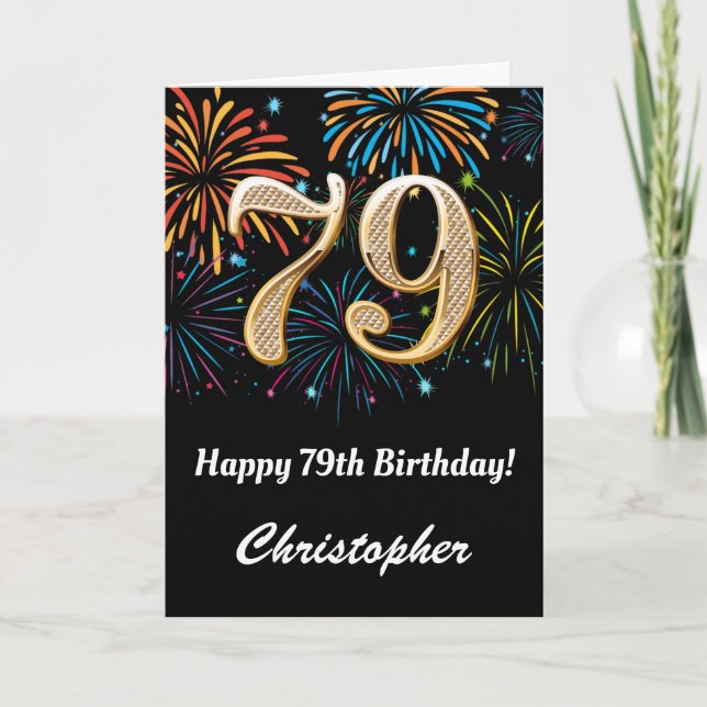 79th Birthday Rainbow Fireworks Black and Gold Card (Front)