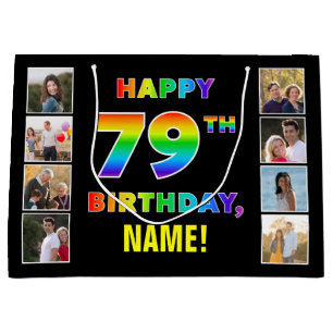 79th Birthday: Rainbow Text, Custom Photos & Name Large Gift Bag