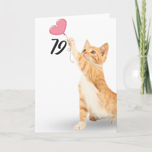 79th birthday tabby cat with heart balloon card (Front)
