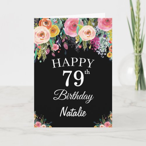 79th Birthday Watercolor Floral Flowers Black Card