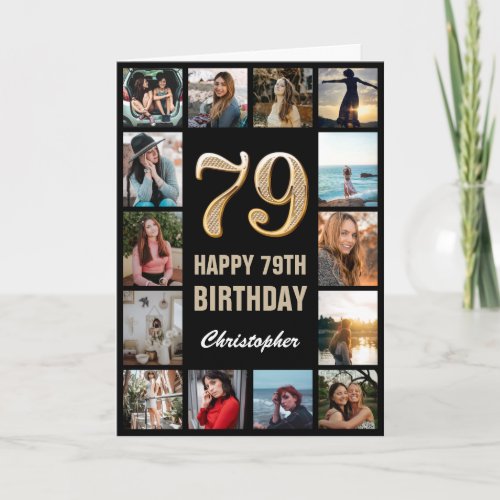 79th Happy Birthday Black and Gold Photo Collage Card