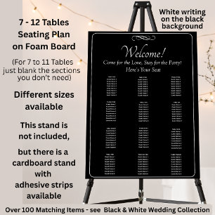 7 - 12 Tables, Guest Seating Chart, Black White Foam Board