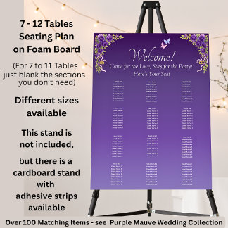 7 - 12 Tables, Guest Seating Chart, Purple Mauve Foam Board