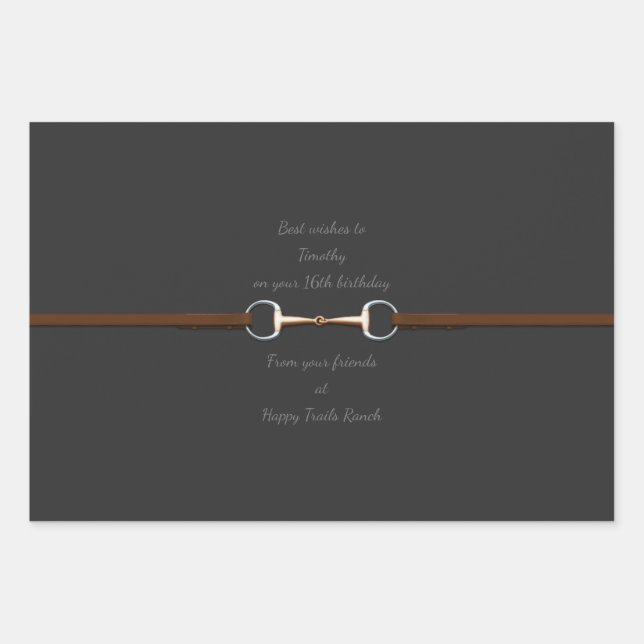 7.5" Snaffle Bit & Reins Custom Text Equestrian Wrapping Paper Sheets (Front)
