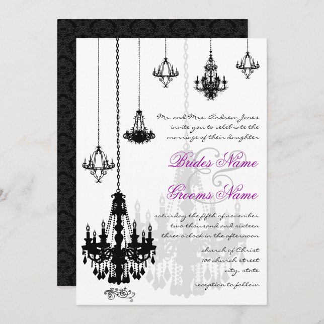 7 Black Chandeliers Wedding Invitations (Front/Back)