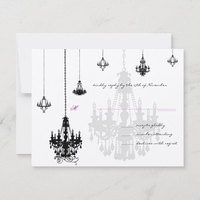 7 Black Chandeliers Wedding RSVP Cards (Front)