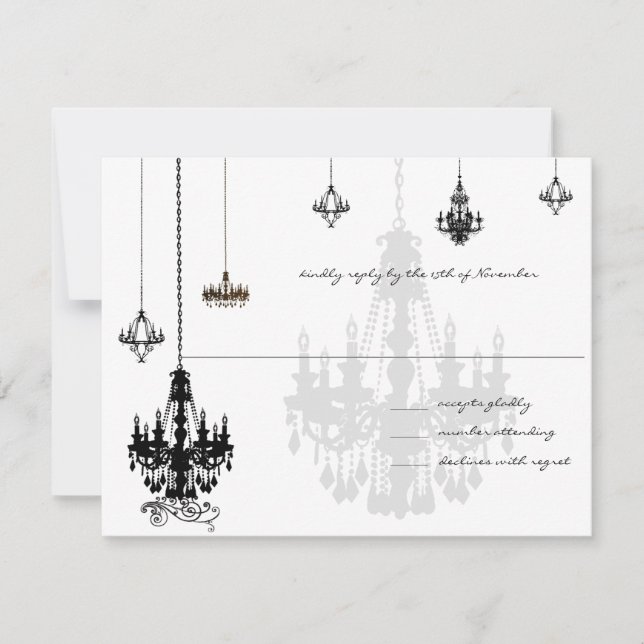 7 Black Chandeliers Wedding RSVP Cards (Front)
