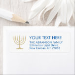 7 Candle Menorah White Blue & Gold Return Address Label<br><div class="desc">Add the perfect finishing touch to cards, invitations, and other correspondence with these elegant white, gold, and blue return address labels. The gold is non-metallic printed color, not foil. All text can easily be customized with any greeting, name, and address. Design features a simple seven candle menorah with lit candles...</div>