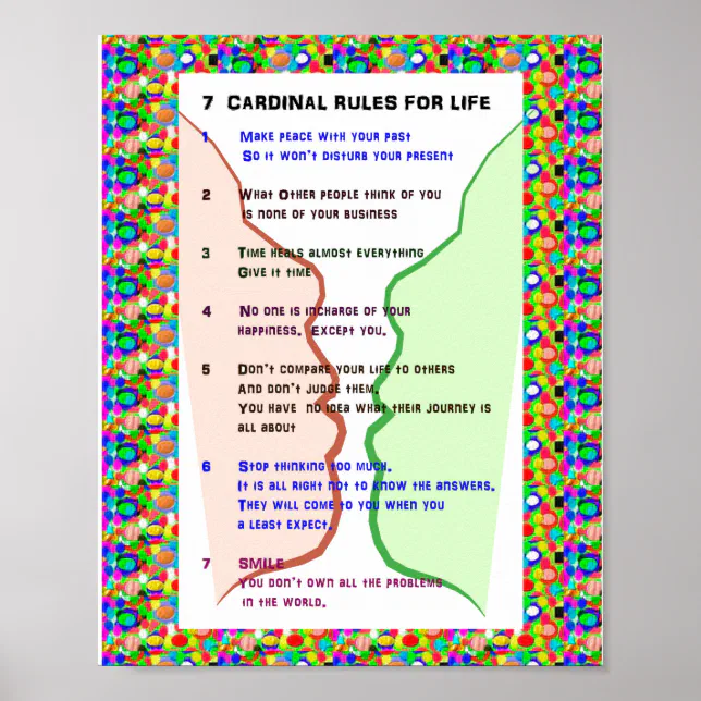 7 CARDINAL RULES FOR LIFE Graphic Art Wisdom Text Poster | Zazzle