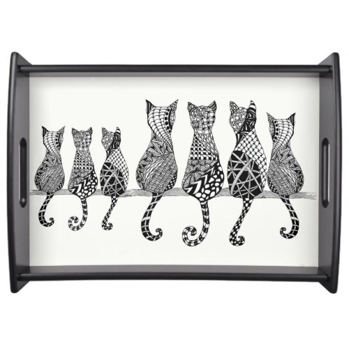 7 cats on a branch Serving Tray Black Serving Tray