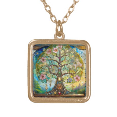 7 Chakra Blossoming Tree Of Life Gold Plated Necklace