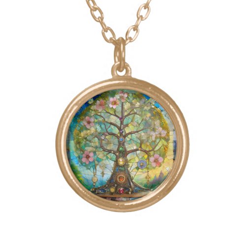 7 Chakra Blossoming Tree Of Life Gold Plated Necklace