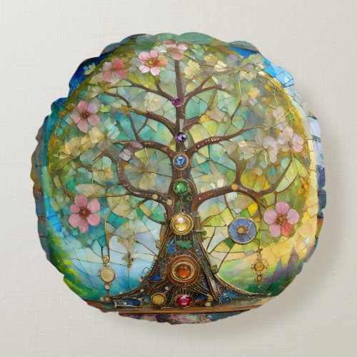 7 Chakra Blossoming Tree Of Life Round Pillow
