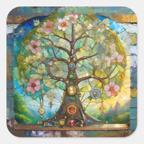 7 Chakra Blossoming Tree Of Life Square Sticker