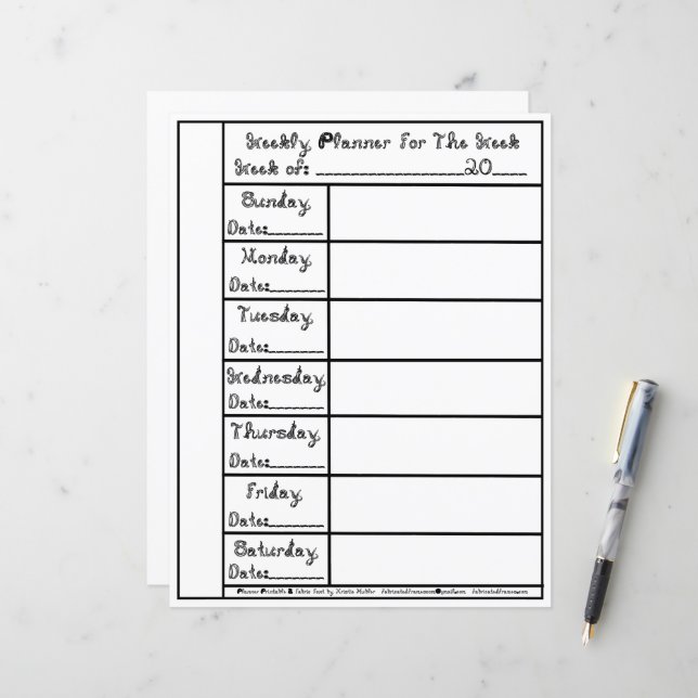 7 Day Black Fabric Font Weekly Planner Stationery (Front/Back In Situ)