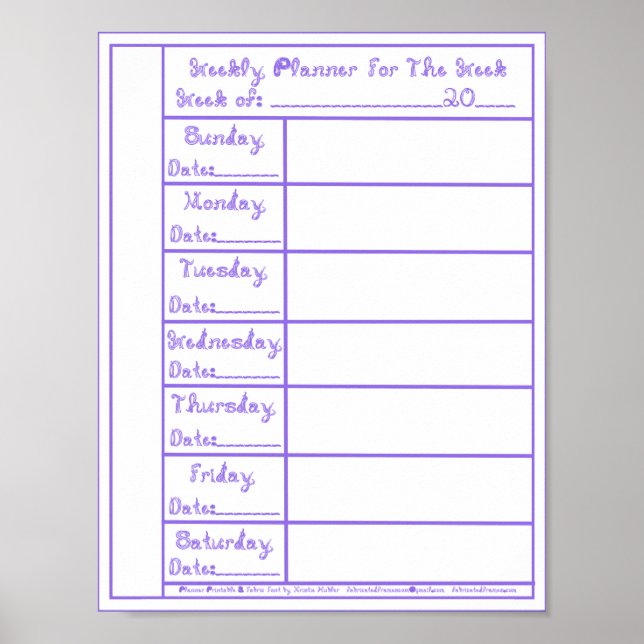 7 Day Periwinkle Fabric Font Weekly Planner Print (Front)