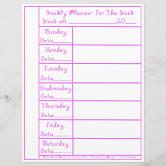 7 Day Pink Lilac Fabric Font Weekly Planner Paper 
