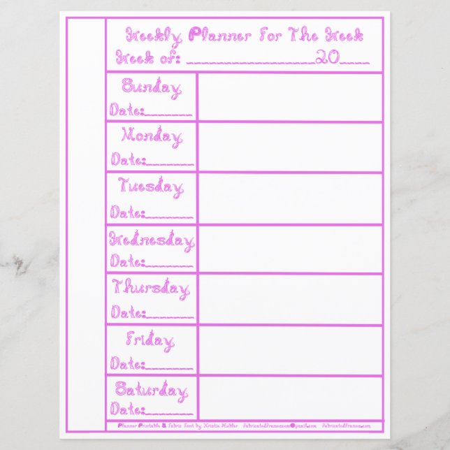 7 Day Pink Lilac Fabric Font Weekly Planner Paper  (Front)
