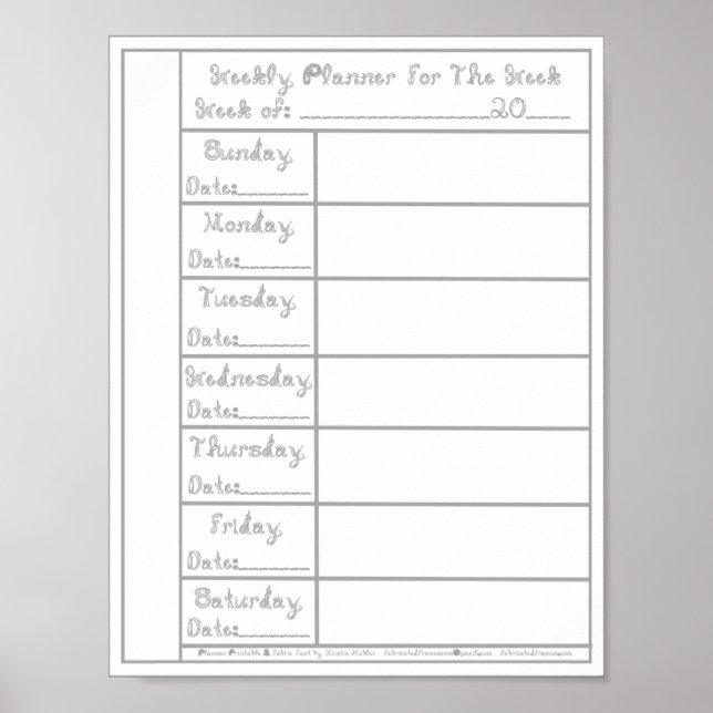 7 Day Silver Fabric Font Weekly Planner Printable  Poster (Front)