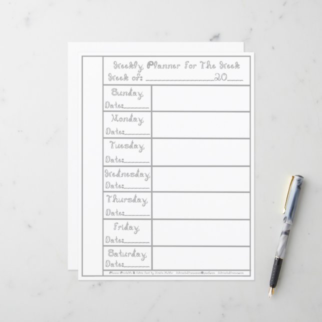7 Day Silver Fabric Font Weekly Planner Stationery (Front/Back In Situ)