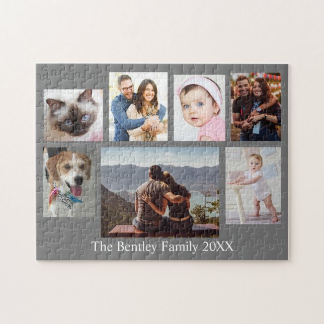 7 Family Photos, DIY Name & Year, Gray Jigsaw Puzzle (Horizontal)