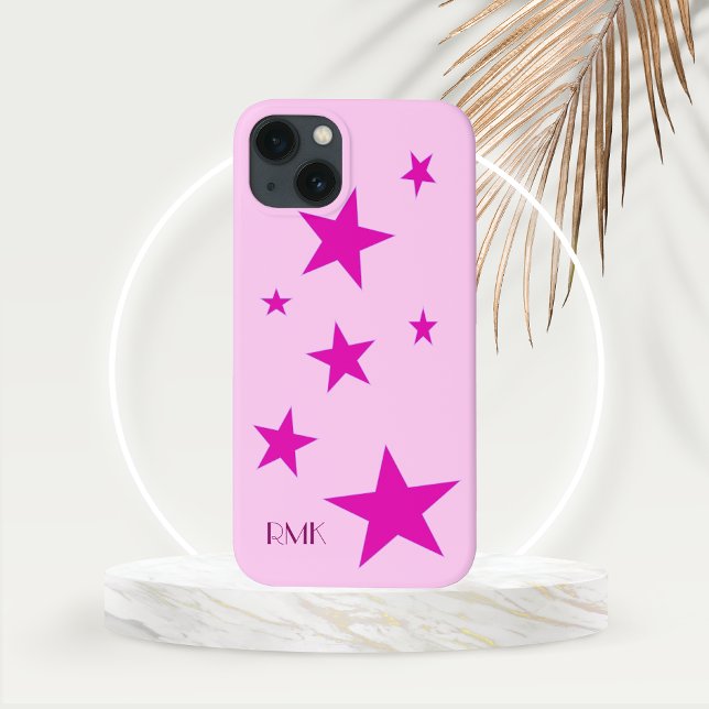 7 Fuchsia Stars and Personalized Pink Text  Case-Mate iPhone Case (Seven Fuchsia Stars with Initial Monogram on Gold Frond Mockup)