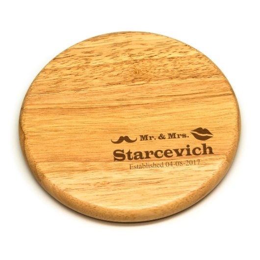 7 Inch Round Newlyweds Wood Trivet  (Top)