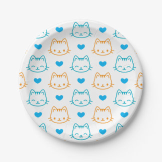 7 inch Turquoise Orange Cat Face pattern Round Paper Plates