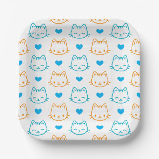 7 inch Turquoise Orange Cat Face pattern Square Paper Plates