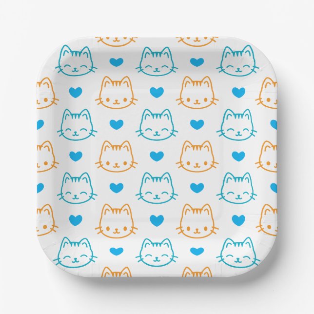 7 inch Turquoise Orange Cat Face pattern Square Paper Plates (Front)