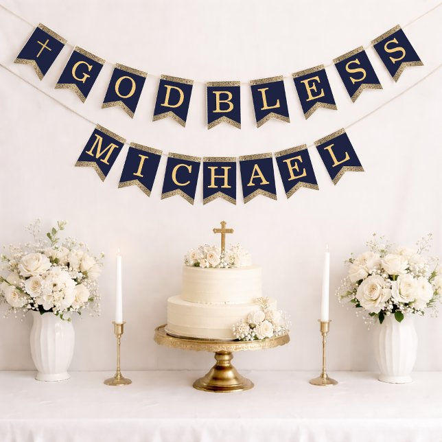 7 Letters Blue Gold God Bless Baptism Communion Bunting Flags (Creator Uploaded)