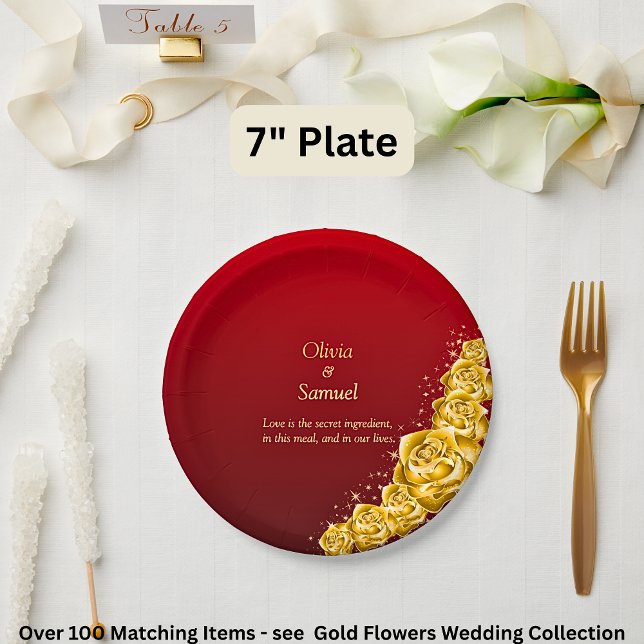 7" Names and Gold Flowers on Red Maroon  Paper Plates (Creator Uploaded)