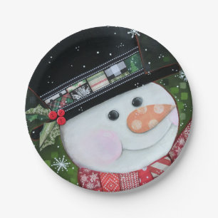 7" Patchwork Snowman Paper Plate