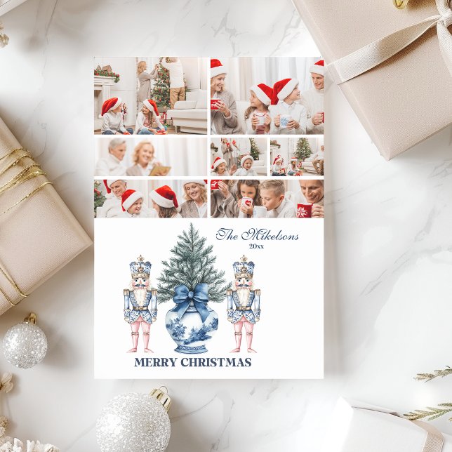 7 Photo Blue Chinoiserie Nutcracker Christmas Holiday Card (Creator Uploaded)