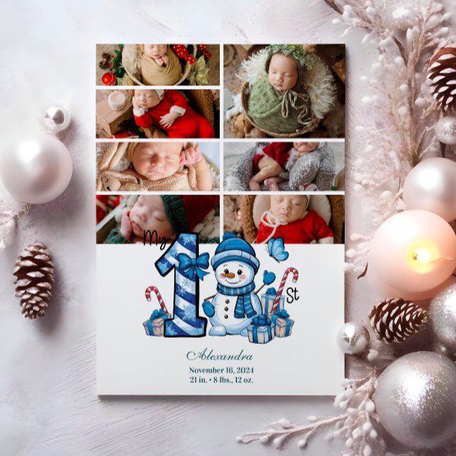 7 Photo Blue Snowman First Christmas Holiday Card (Creator Uploaded)