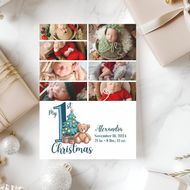 7 Photo Blue Teddy Baby 1st Christmas Holiday Card (Creator Uploaded)