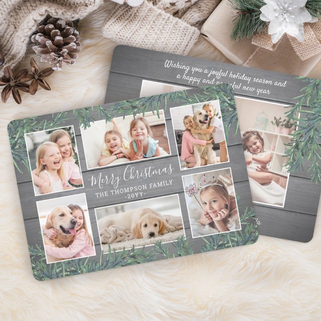 7 Photo Christmas Greenery & Rustic Gray Wood Holiday Card (Creator Uploaded)