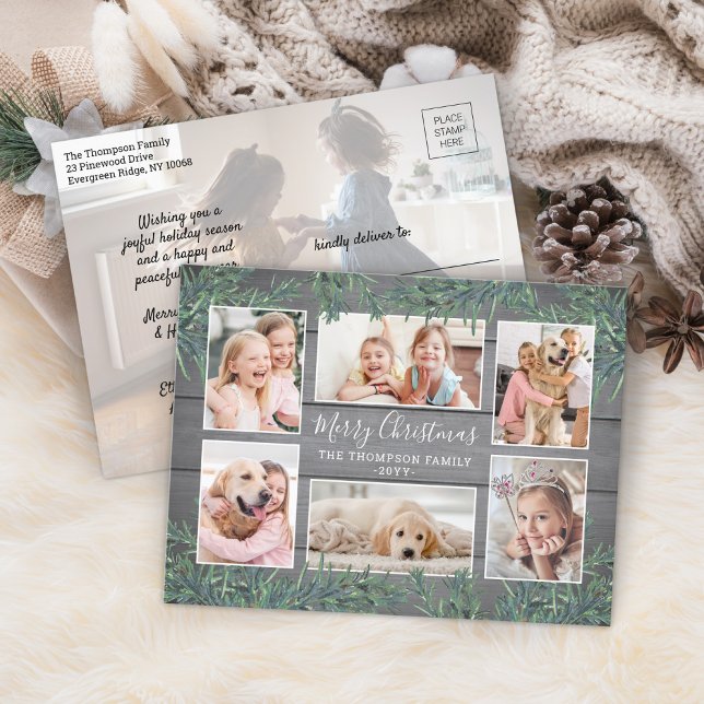7 Photo Christmas Greenery & Rustic Gray Wood Holiday Postcard (Creator Uploaded)