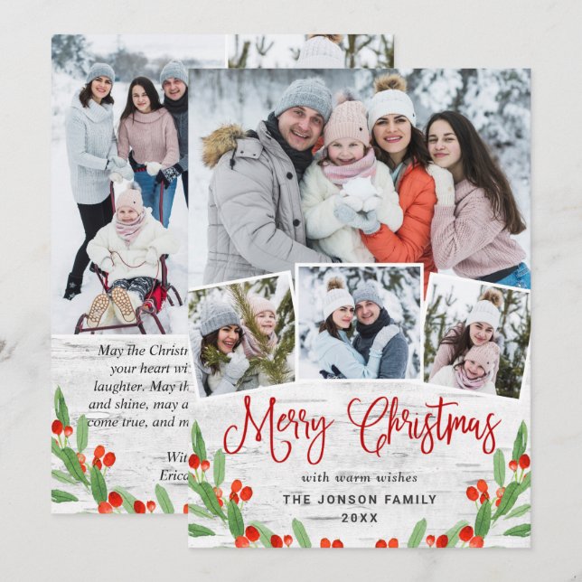 7 PHOTO Christmas Rustic Birch Bark Greeting Holiday Card (Front/Back)