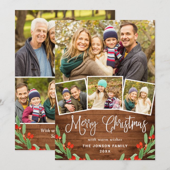 7 PHOTO Christmas Rustic Brown Wood Greeting Holiday Card (Front/Back)