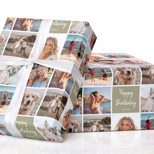 7 Photo Collage Birthday Custom Name Neutral Green Wrapping Paper