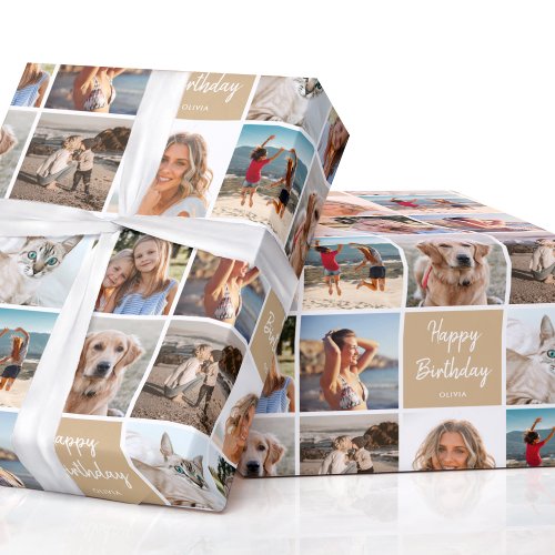 7 Photo Collage Birthday Custom Name Tan Wrapping Paper