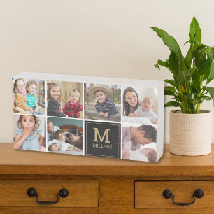 7 Photo Collage Family Name Monogram Black Gold Wooden Box Sign