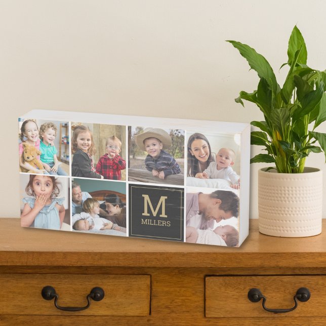 7 Photo Collage Family Name Monogram Black Gold Wooden Box Sign (Creator Uploaded)