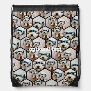 7 Photo Collage - funky hexagon pattern black Drawstring Bag
