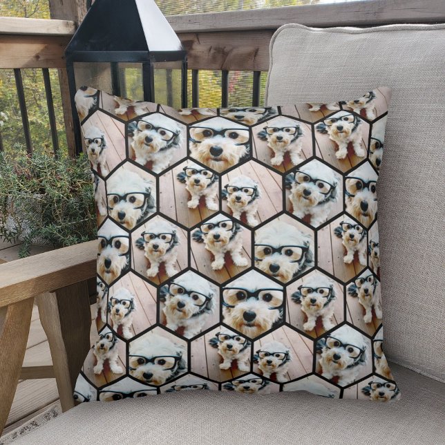 7 Photo Collage - funky hexagon pattern black Throw Pillow (Creator Uploaded)