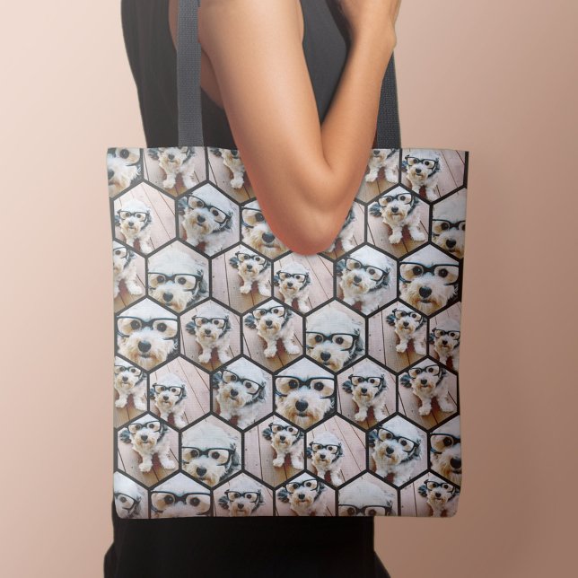 7 Photo Collage - funky hexagon pattern black Tote Bag (Personalized tote bag with photo and text)